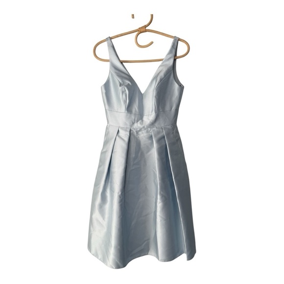 Alfred Sung Satin Twill V-Neck Pleated Skirt Cocktail Dress in Blue Mist D768 0R - Picture 2 of 14